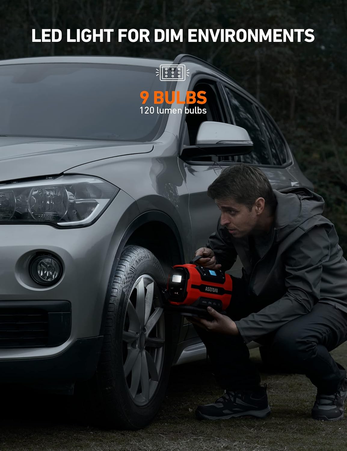 AstroAI Tire Inflator Portable Air Compressor Pump 150PSI 12V DC/110V AC with Dual Metal Motors &LED Light, Automotive Car Accessories&Two mode for car, bicycle tires and air mattresses, Red