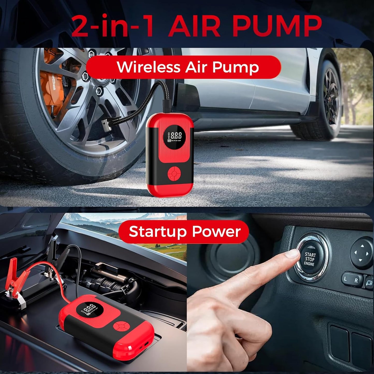 Tire Inflator Portable Air Compressor & Car Jump Starter, Cordless Air Pump with LED Light & Pressure Gauge for Auto,Motorcycles,Bikes,Balls, Emergency Battery Booster & Phone Charger,150PSI