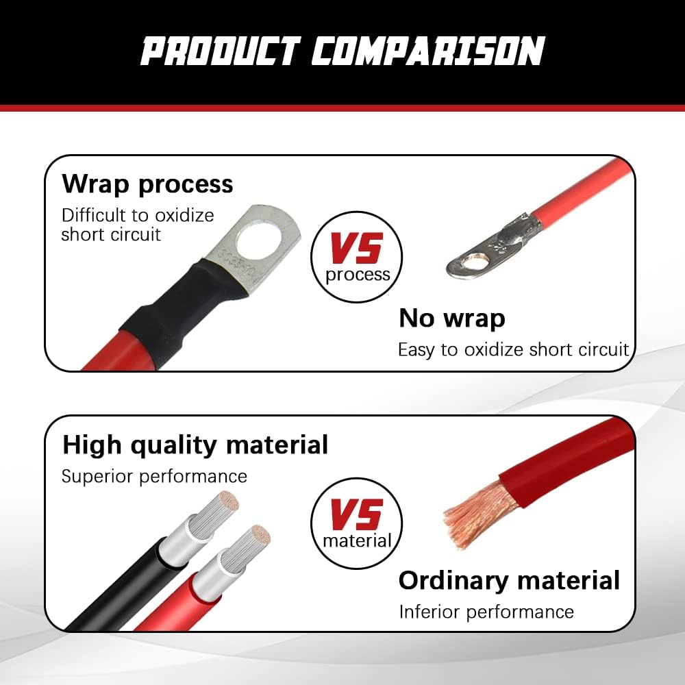 A ABIGAIL 2 AWG Battery Cables 2 Gauge Pure Copper Battery Inverter Cables with 3/8 in Lugs terminals Marine Grade for Automotive Solar Power Inverter Boat RV Car Motorcycle (5FT)