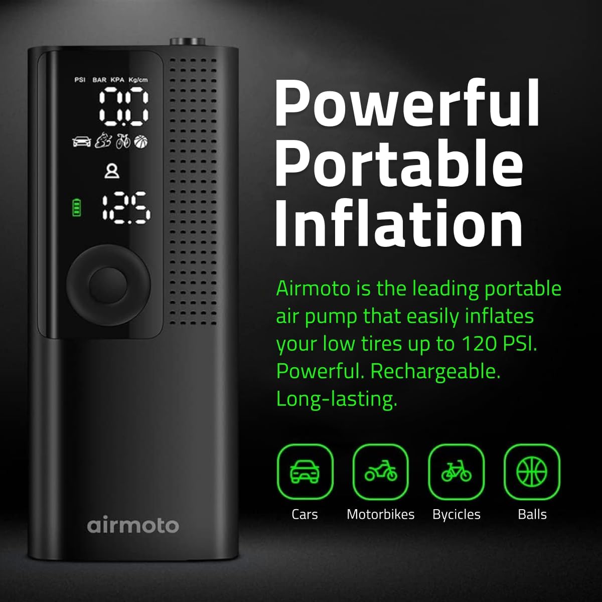 Airmoto Tire Inflator Portable Air Compressor - Air Pump For Car Tires with Digital Pressure Gauge, LED Light and Auto Shut-Off Function - Cordless Pump for Car, Motorcycle, Bicycle, Balls and More