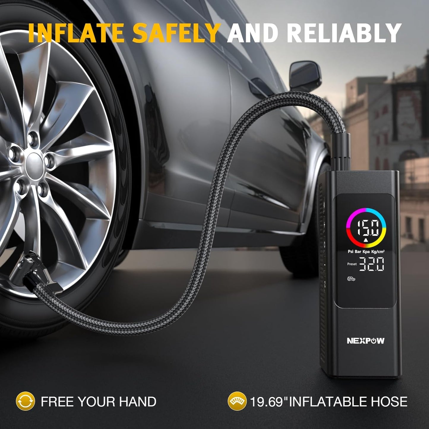 NEXPOW 150 PSI Tire Inflator Portable Air Compressor, 12000mAh Battery Auto Shut-Off Air Pump for Car Tires, Fast Inflation Dual LCD Display Tire Pump, Pocket Air Pump for Bike, Motorcycle, Ball, Car