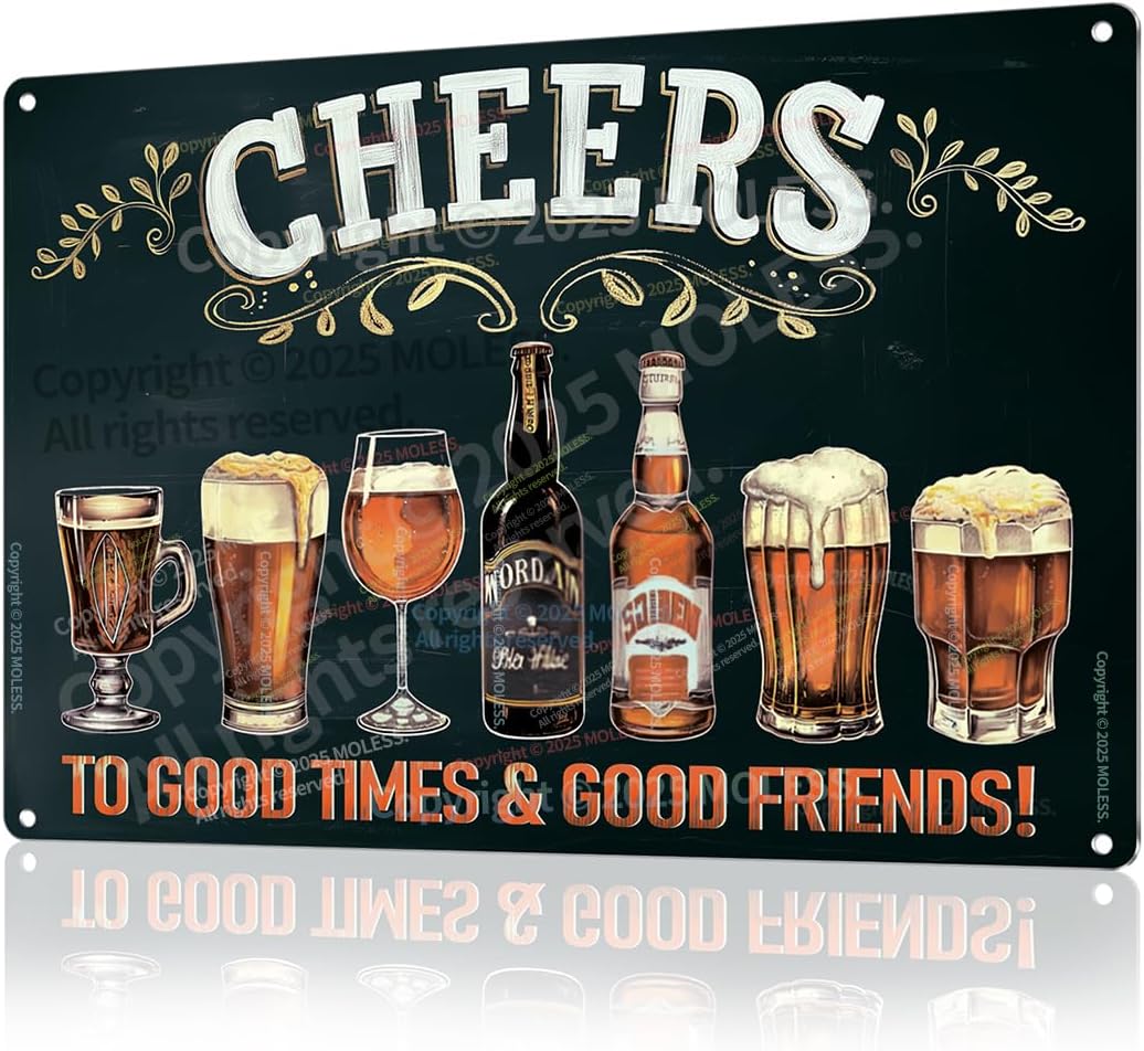 "Cheers to Good Times" Vintage Bar Sign or Man Cave Decor – 12x8″ Durable Metal Beer Signs Wall Decorations for Home Bar/Basement/Garage/Mancave, 2346