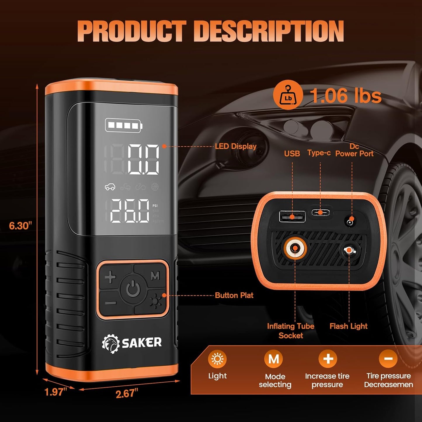 Saker Tire Inflator Portable Air Compressor - 150PSI Car Tires Air Pump with Tire Pressure Gauge Led Light, 7500mAh Battery & 12V DC Smart Tire Inflator for Car, Motorcycle, Bike Tire, Ball