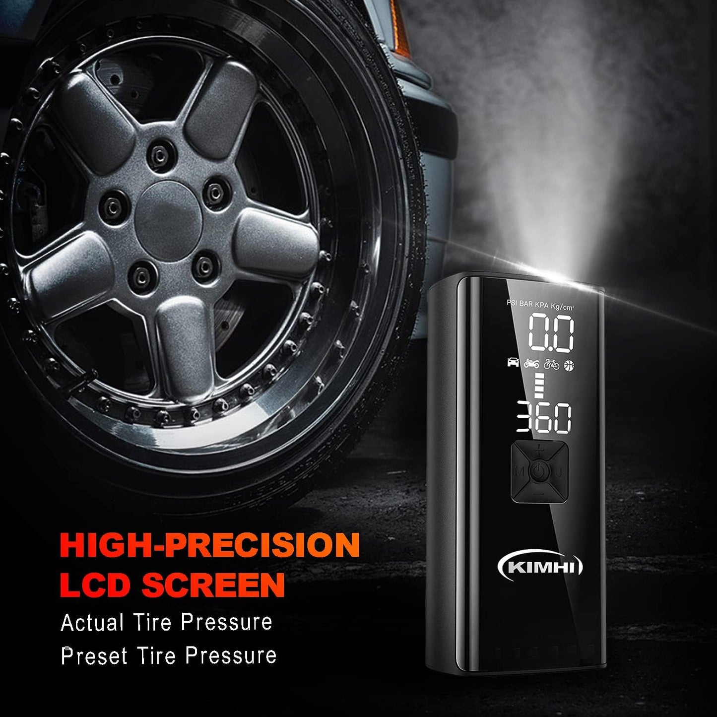 Tire Inflator Portable Air Compressor - KIMHI 150 PSI Cordless Car Air Pump,2X Faster Pump with 10000mAh Rechargeable Battery,Digital Pressure Gauge, LED Light,For Car,Motorcycle and Ball