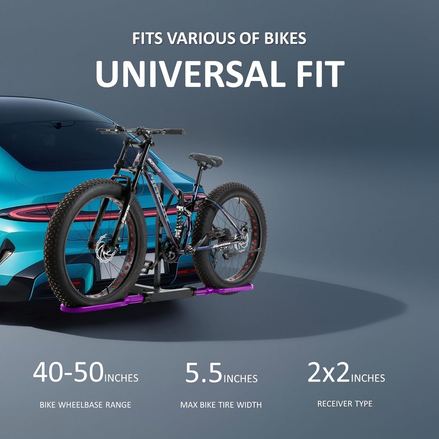 Trailer Hitch Bike Rack for Car 1 Bike, E Bike Carrier Hitch Mount, Fat-Tire Ebike Rack for Tow Hitch, Fits 2" Inch Receiver for SUV Truck Van (1 Bike - 120 Lbs Cap - Purple)