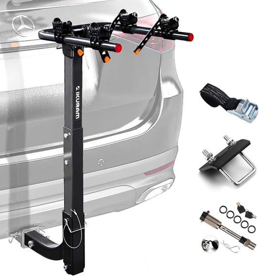 2 Bike Rack Bicycle Carrier Racks Hitch Mount Double Foldable Rack for Cars Truck SUV Fits 2" Receiver, Tie Down Strap, Anti-Rattle Hitch Tightener & Locking Hitch Pin