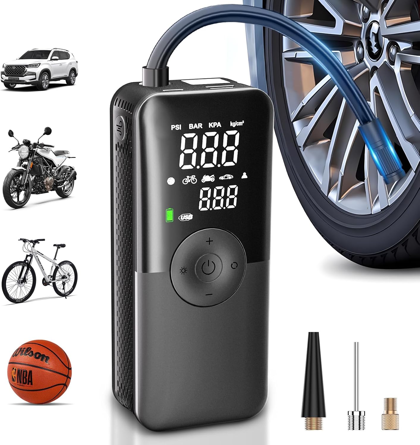CARSUN Cordless Tire Inflator Portable Air Compressor,Car Tire Pump with Digital Dual Screen,150PSI Portable Air Pump for Car Tires with Deflation&Pressure Gauge,Suitable for Car,Motorcycles,Bicycles