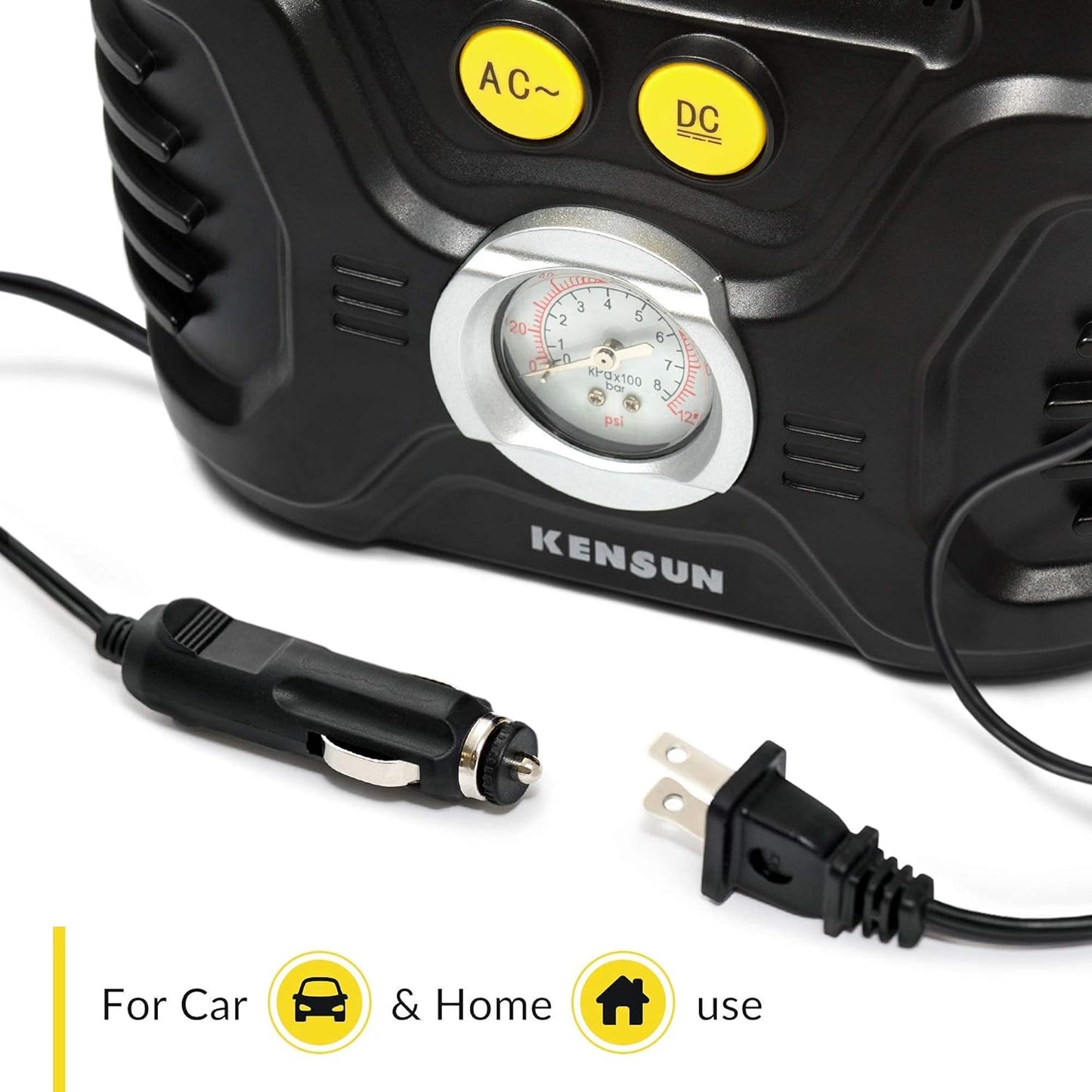 Kensun Portable Air Compressor Pump for Car 12V DC and Home 110V AC Swift Performance Tire Inflator 100 PSI for Car - Bicycle - Motorcycle - Basketball and Others with Analog Pressure Gauge (AC/DC)