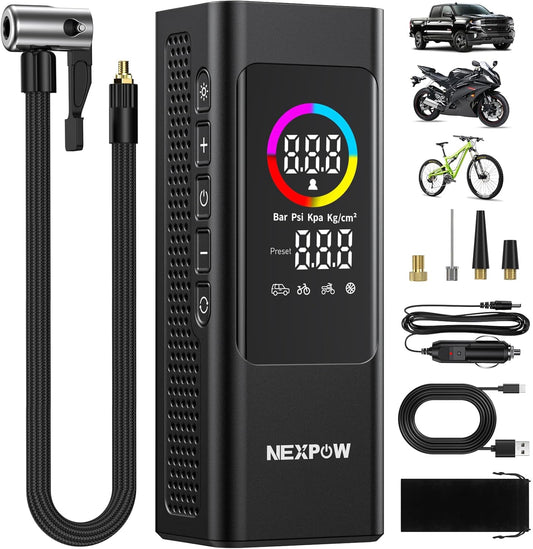 NEXPOW 150 PSI Tire Inflator Portable Air Compressor, 12000mAh Battery Auto Shut-Off Air Pump for Car Tires, Fast Inflation Dual LCD Display Tire Pump, Pocket Air Pump for Bike, Motorcycle, Ball, Car