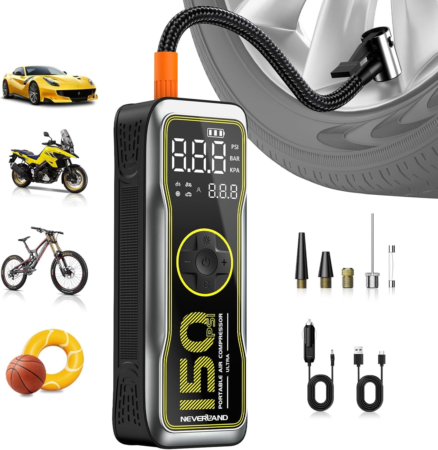 NEVERLAND Tire Inflator Portable Air Compressor - 16000mAh 150PSI Air Pump for Car Tires with Large LED Display,12V DC Tire Inflator with LED Light,Auto shut-off, for Car Motorcycle Bicycle Balls