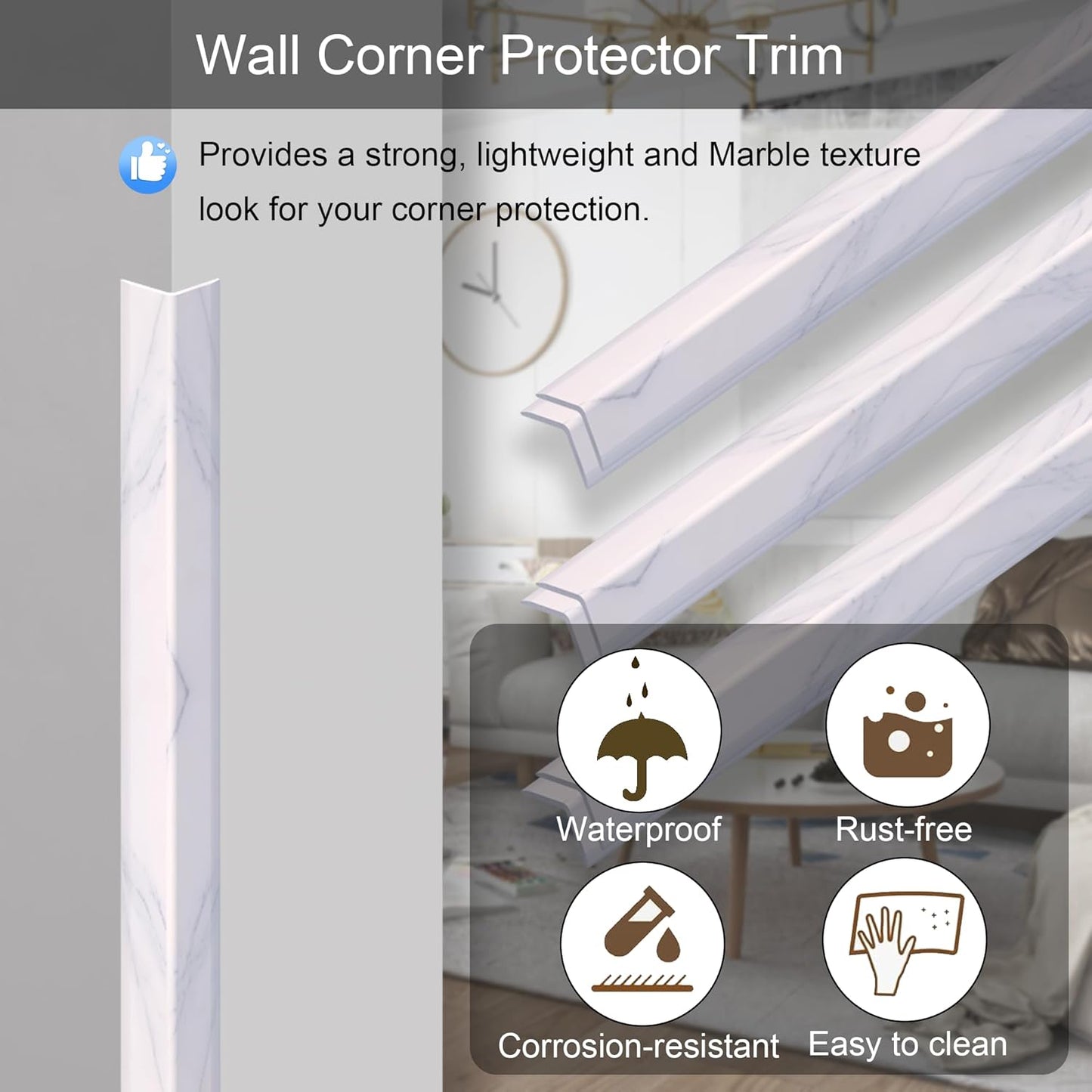 6 Pcs 49" Wall Corner Protector Trim, White Marble Grain Edge Strip for Door and Window Frames Mirror Trim Backsplash Tile Edge (White Marble)