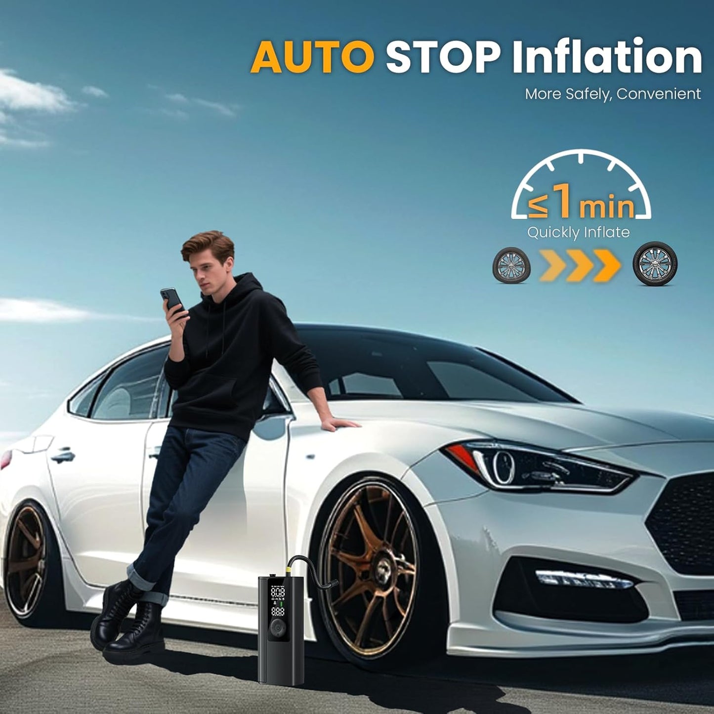 Tire Inflator Portable Air Compressor, Cordless Air Pump for Car Tires with Digital Pressure Gauge, 150 PSI Fast Tire Inflator for Car, Motorcycle, Bicycle - LED Light and Auto Shut-Off