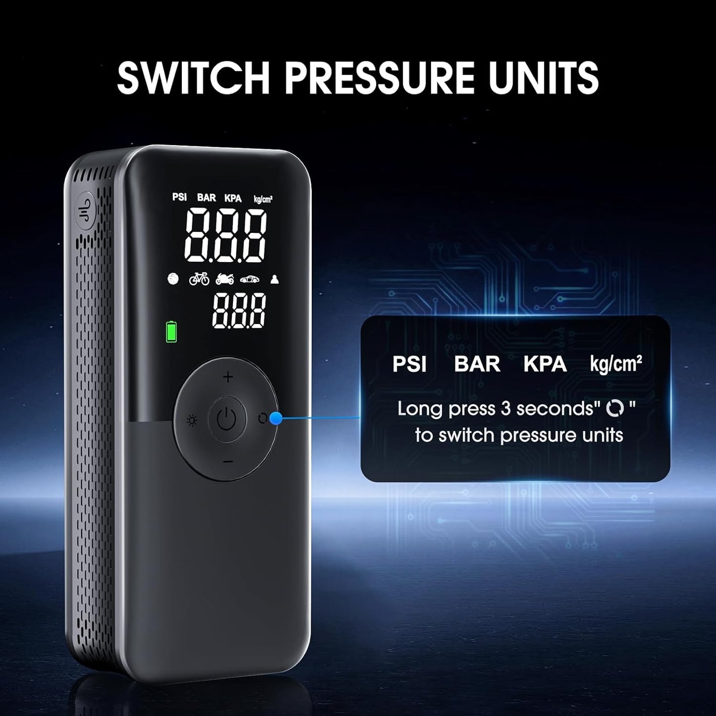 CARSUN Cordless Tire Inflator Portable Air Compressor,Car Tire Pump with Digital Dual Screen,150PSI Portable Air Pump for Car Tires with Deflation&Pressure Gauge,Suitable for Car,Motorcycles,Bicycles