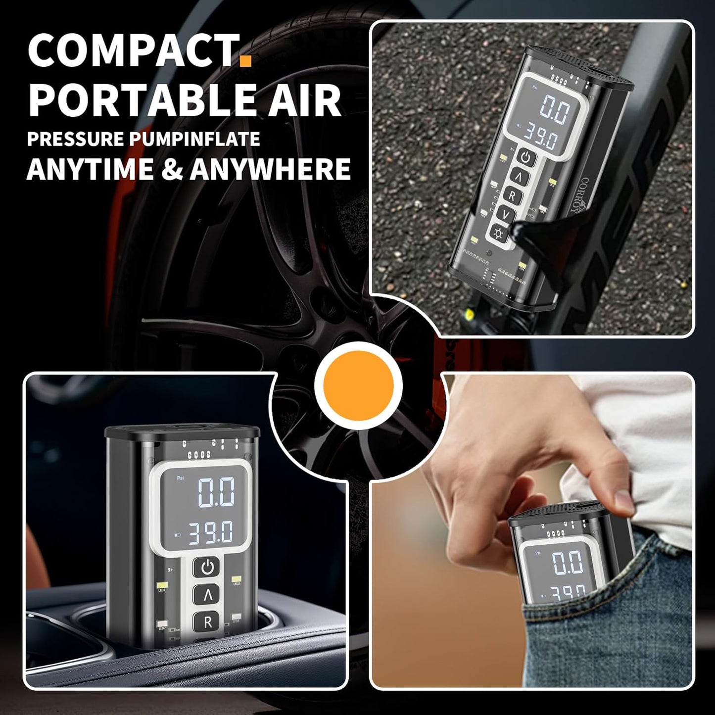 Tire Inflator Portable Air Compressor – 20000mAh Battery, 150PSI Cordless Bike Pump, Dual 12V DC Power, Tire Pressure Gauge, Air Pump for Fast 5X Inflation for Cars, SUVs, Bikes & Balls