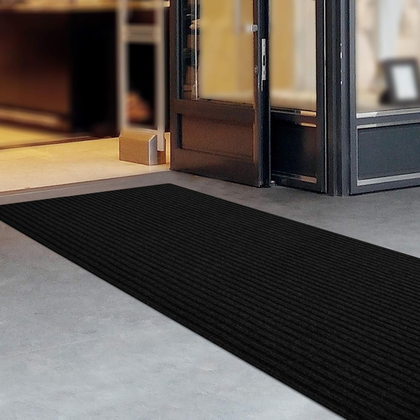 iCustomRug Spartan Weather Warrior Indoor/Outdoor Utility Ribbed Carpet Runner with Non-Slip Thermoplastic Rubber Backing, 28in X 56ft in Black