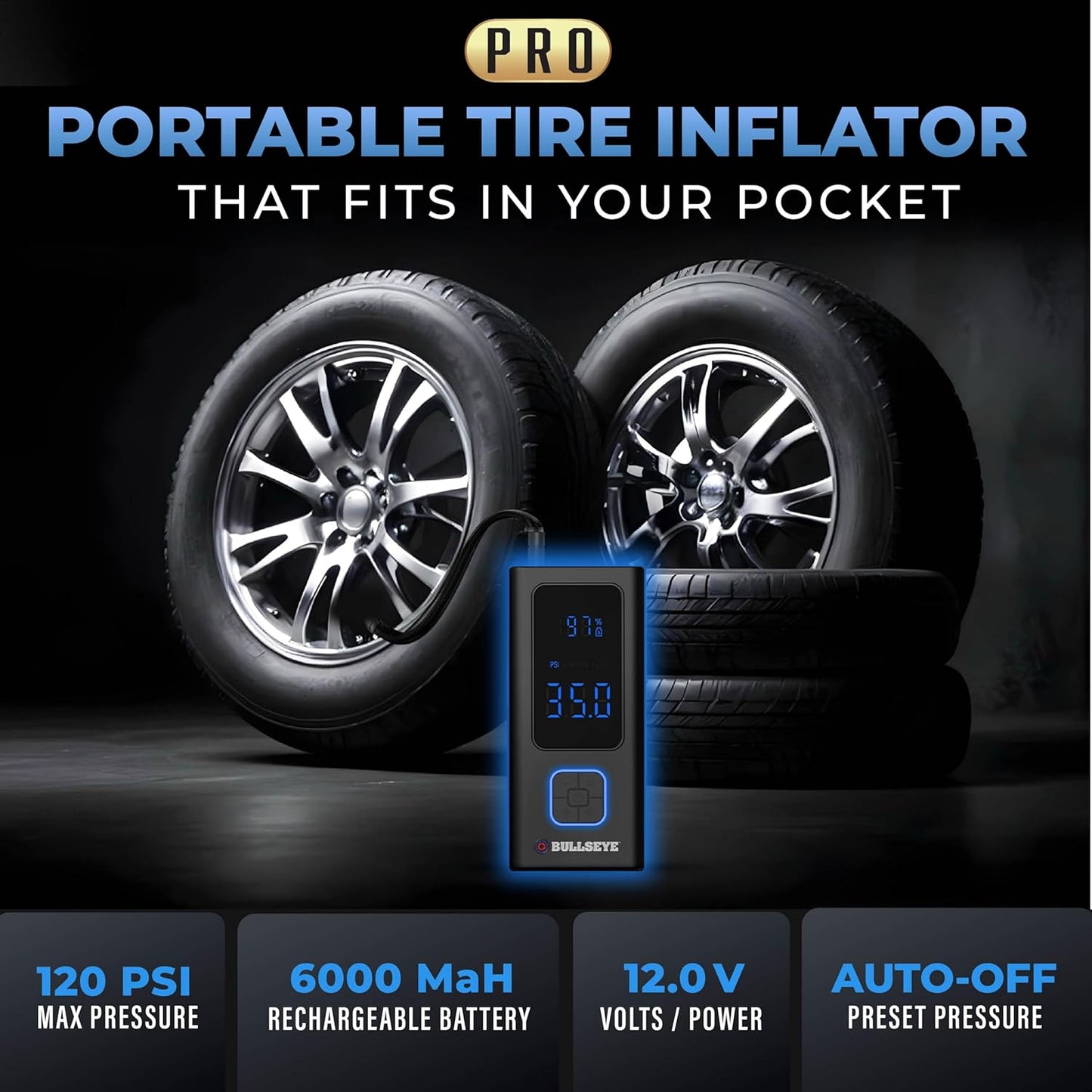 POCKET AIR PRO Tire Inflator Portable Air Compressor by Bullseye Pro for Tires, Balls, Bike with Persta Valve, Auto Shut Off, Inflates in 2 Min, Cordless Rechargeable 6000MAH,150 PSI, SoS Light