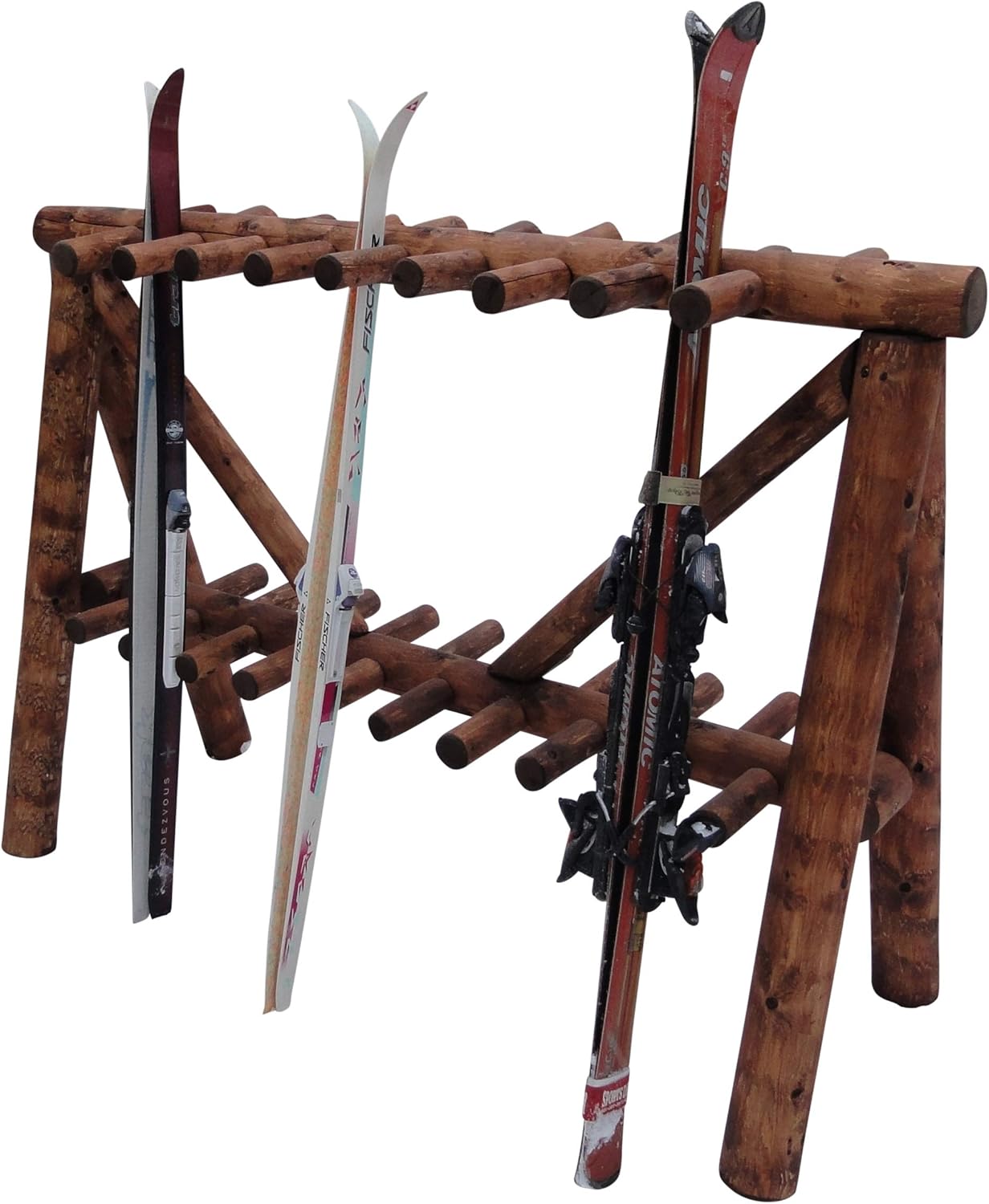 21-Place Freestanding Log Ski Rack Holder, Indoor & Outdoor Snowboard Racks, Standing Storage, Garage Racks for Snow Skis & Poles, Durable Snowboard Rack Garage Storage Organizer - Canyon Brown