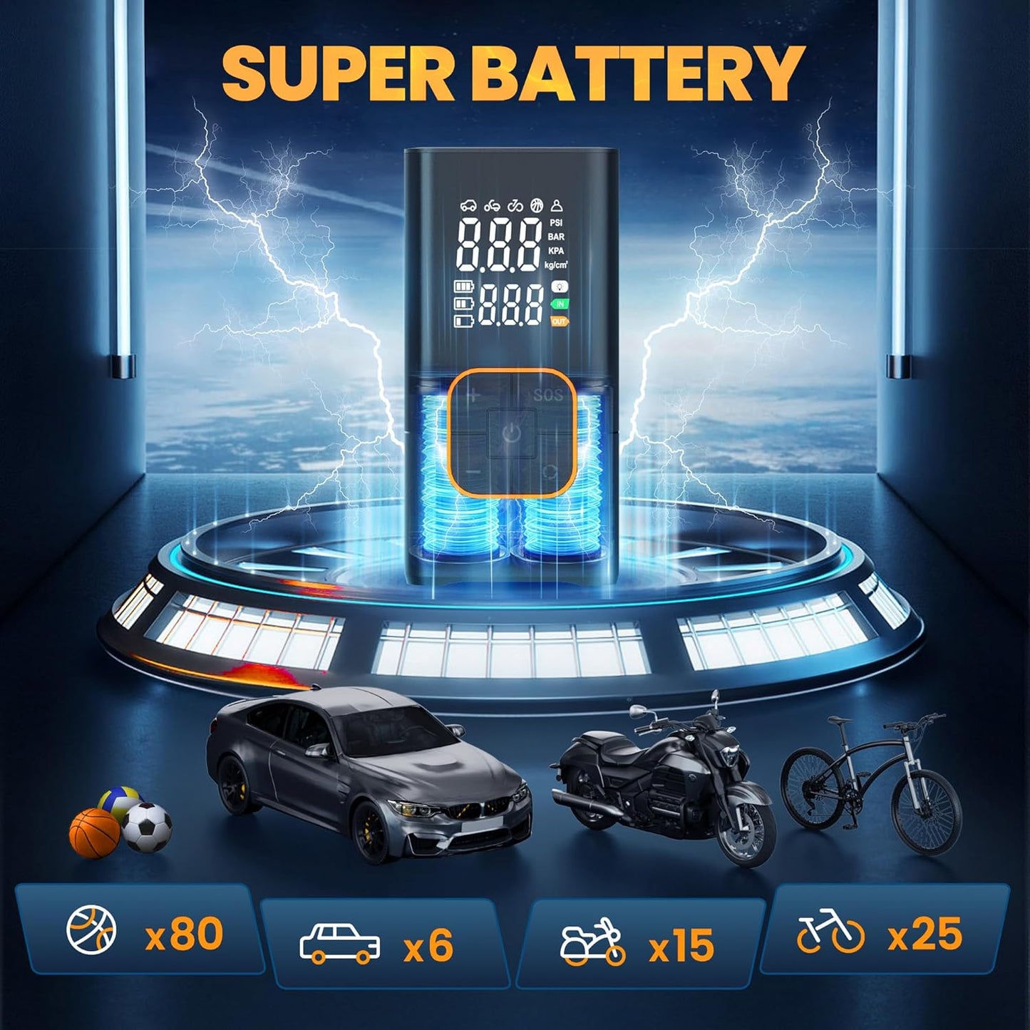 Tire Inflator Portable Air Compressor-150PSI Bike Pump, Portable Tire Inflator Cordless with Tire Pressure Gauge LED Lights, Air Pump for Car Tires, Bike, Motorcycle, Ball (Orange)