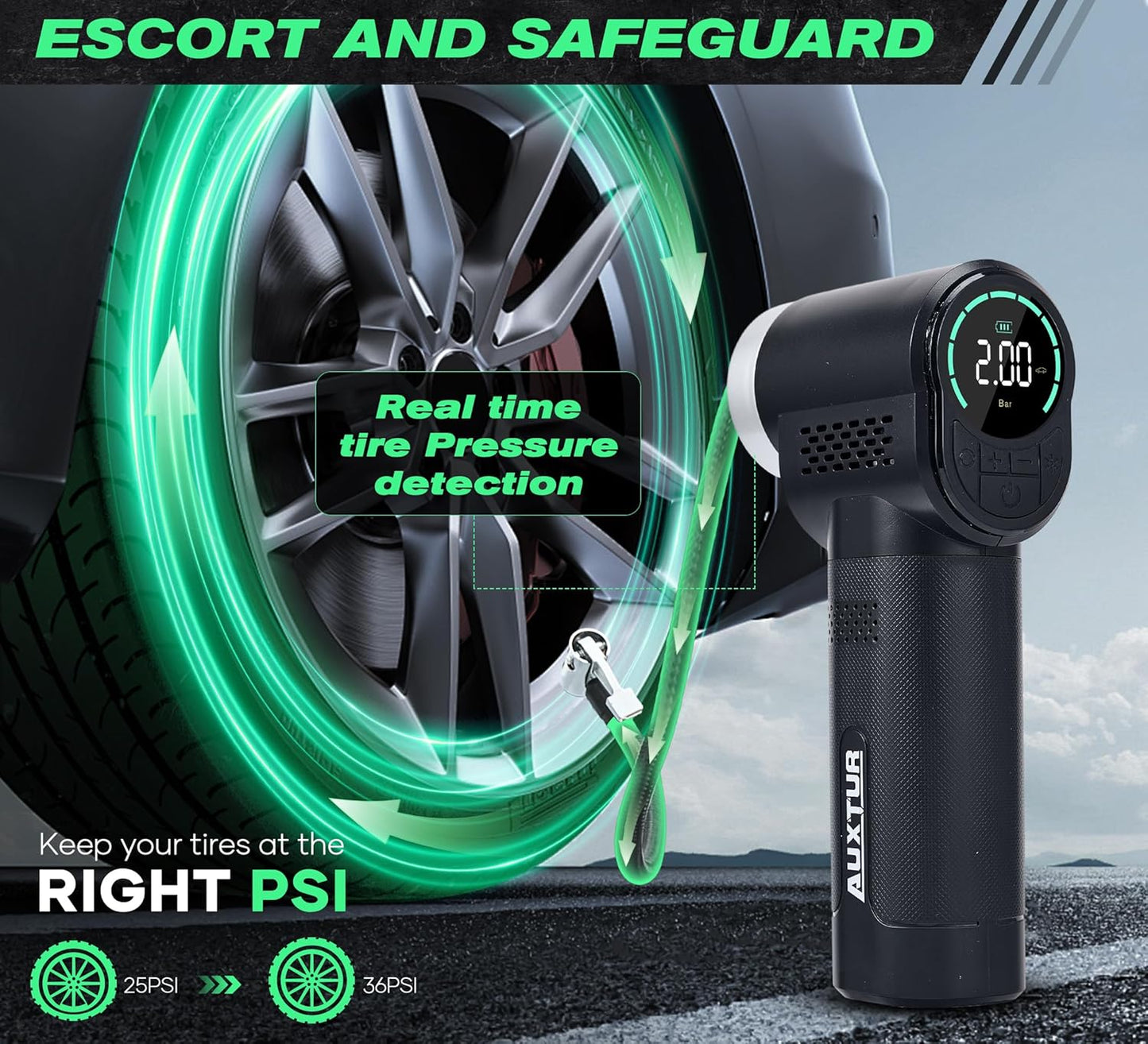 Vehicle Tire Inflator Portable Air Compressor & Inflator(150PSI),TYPE-C 6000mAH Car Tire Pump with Light, Digital Tire Pressure Gauge, Air Pump-Car Motorcycle Accessories