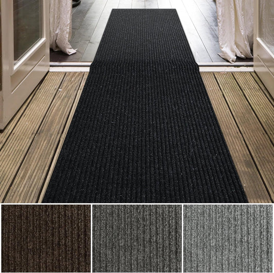 iCustomRug Spartan Weather Warrior Indoor/Outdoor Utility Ribbed Carpet Runner with Non-Slip Thermoplastic Rubber Backing, 28in X 66ft in Black